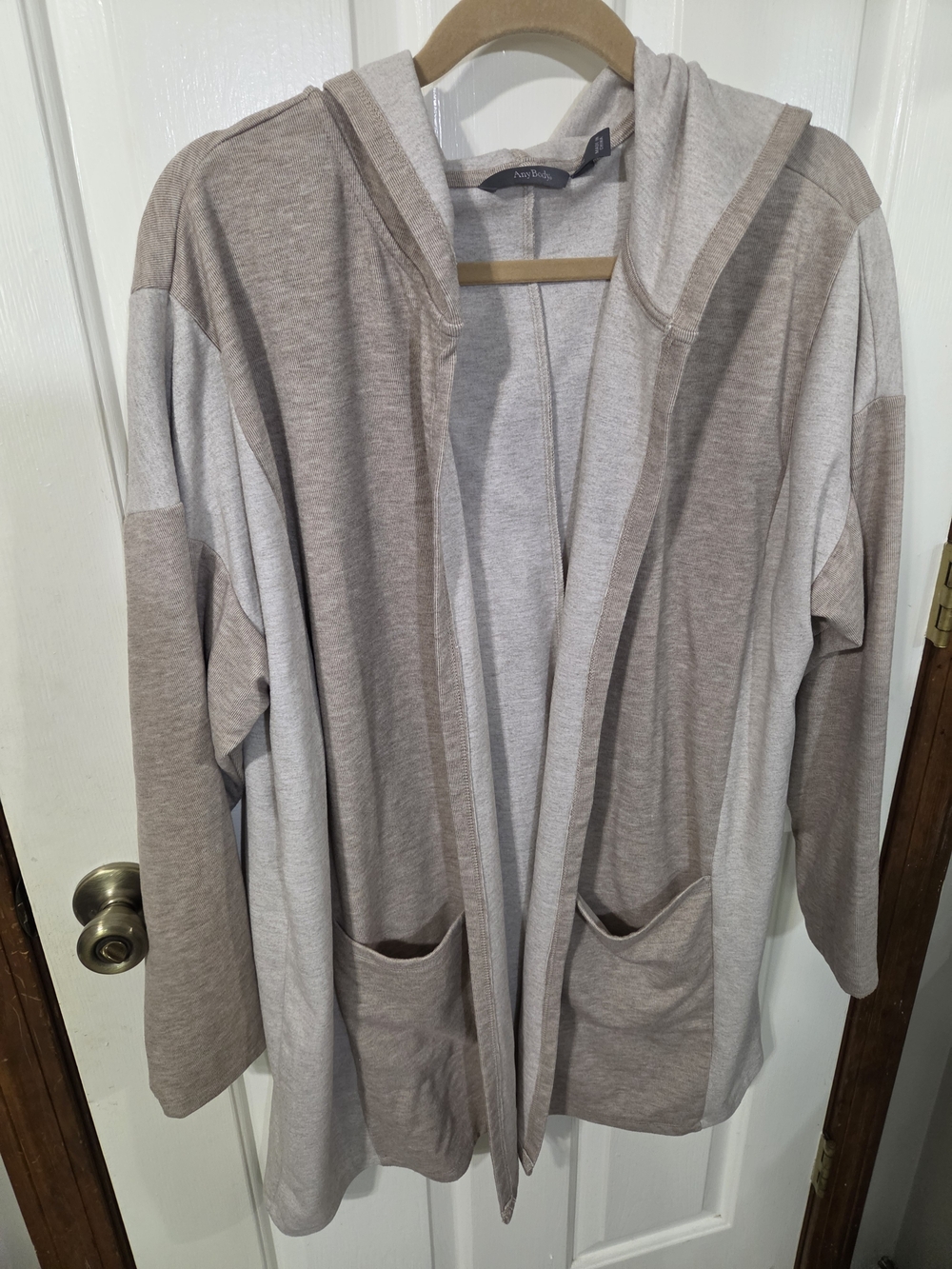 AnyBody Two-Tone Taupe and Light Gray Hooded Open Jacket NWOT